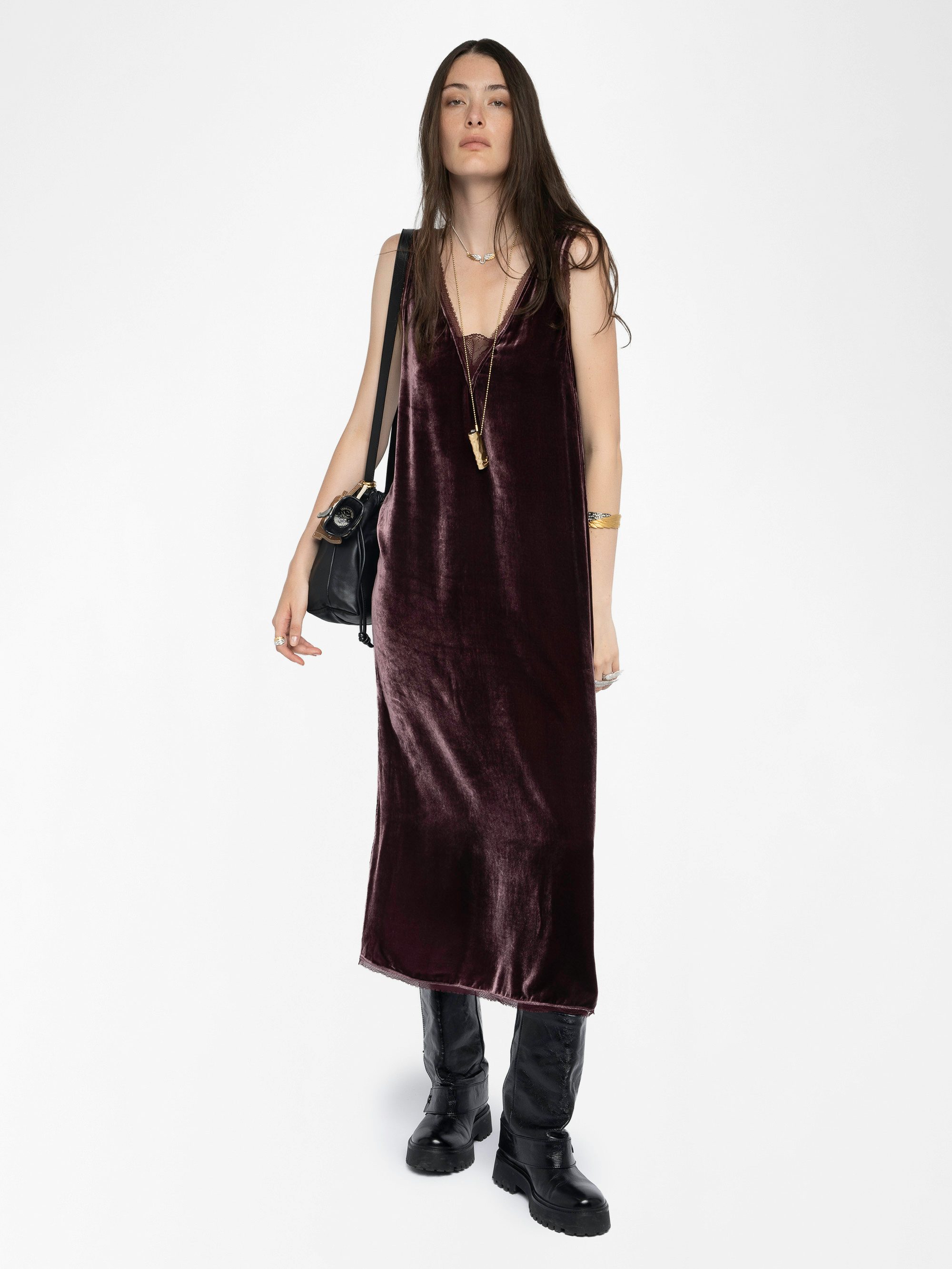 Renzo Velvet Dress - Long dress in plain velvet, lingerie spirit with French lace.